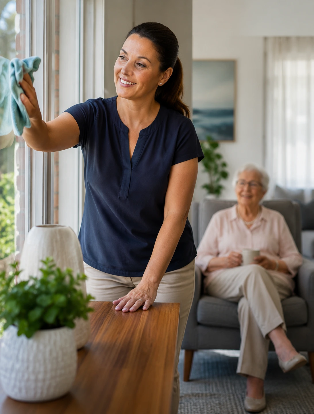 Carer from Guardian Nursing Agency cleaning a window while supporting an older Australian at home as a trusted aged care service provider