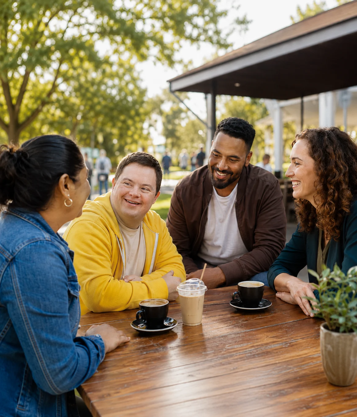 Friends laughing together at community event